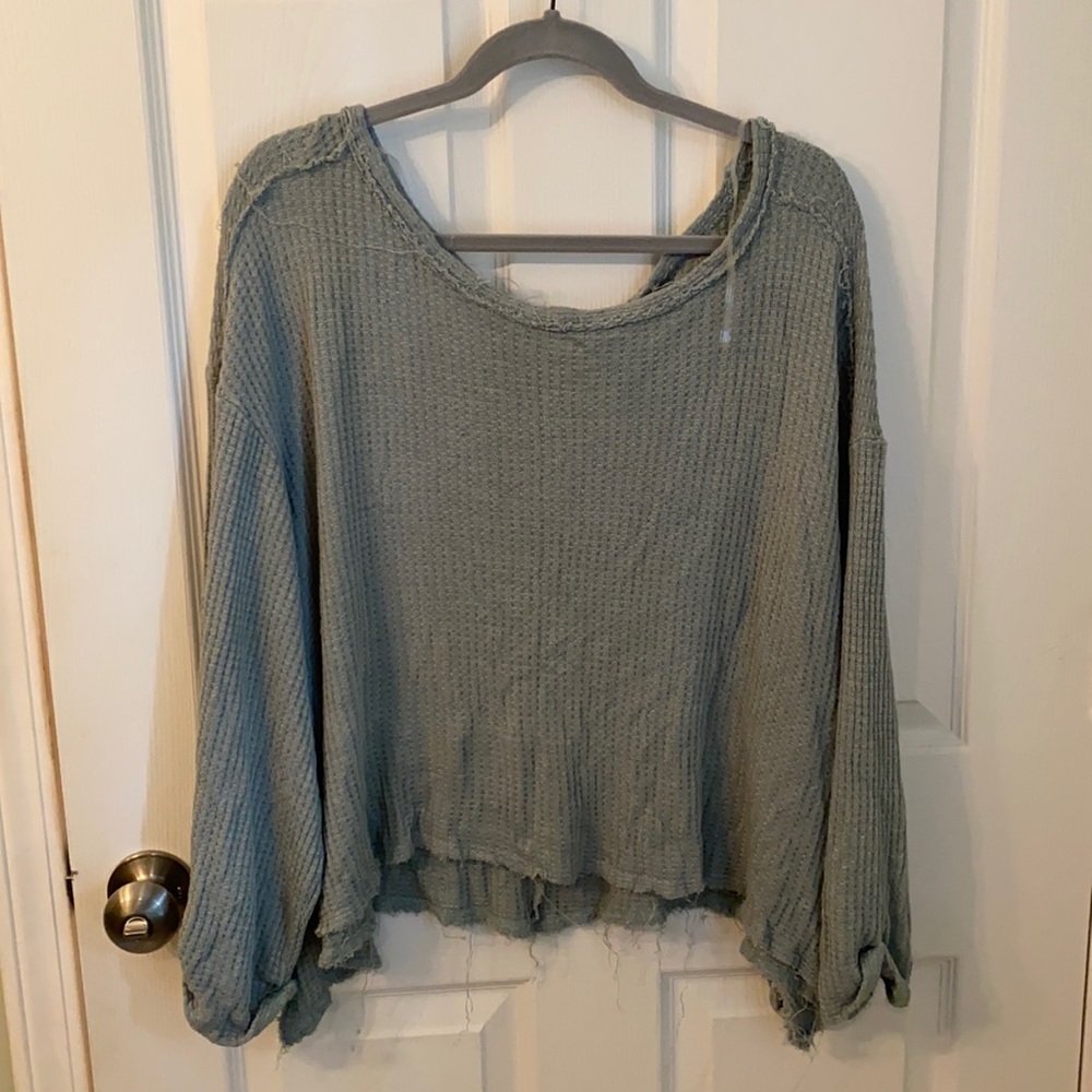 Sage Green cropped distressed waffle knit top